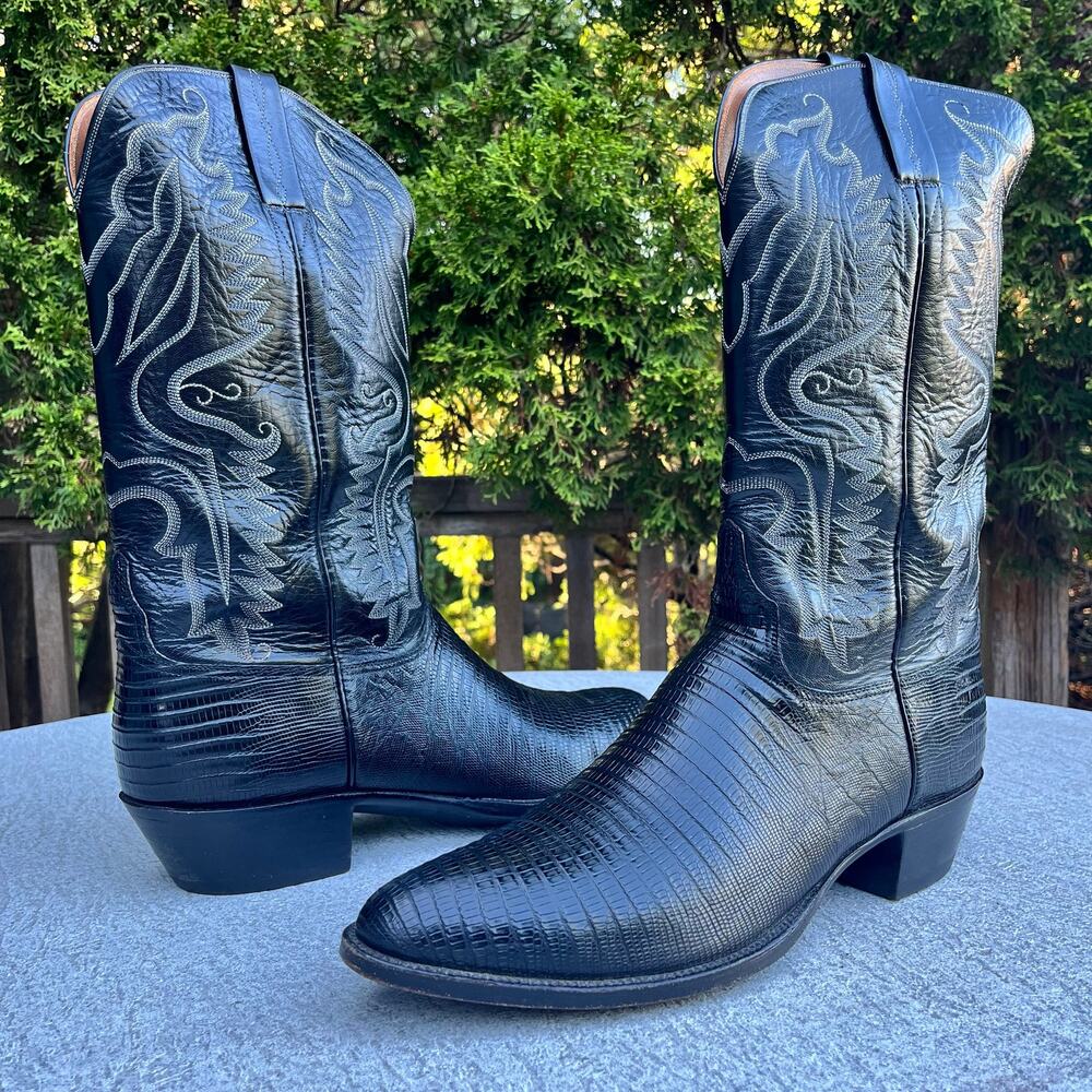 Vintage Lucchese Black Teju Lizard Cowboy Boots 13 D Made in USA 80s